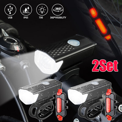 #ad 2 Sets USB Rechargeable Mountain Bike LED Lights Bicycle Torch Front amp; Rear Lamp $11.99