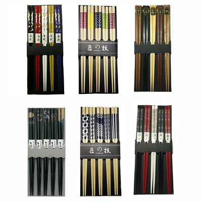 #ad 5 Pair Chinese Japanese Sushi Reusable Wooden Chopsticks Multi Pattern $6.29