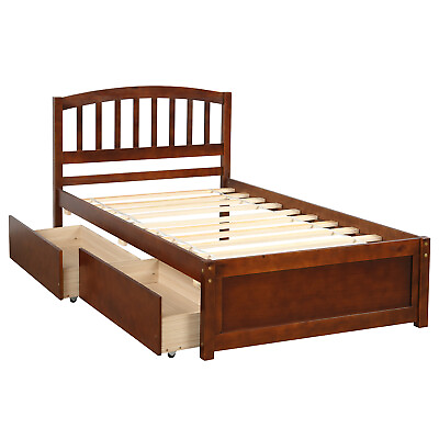 #ad Twin Platform Storage Bed Wood Bed Frame with Two Drawers and Headboard Walnut $199.50