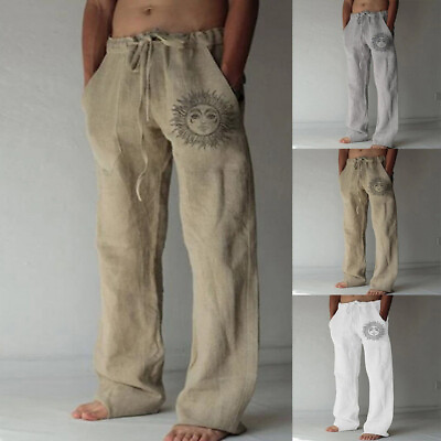 #ad Men Summer Beach Loose Cotton Linen Pants Yoga Drawstring Elasticated Trousers` $16.73