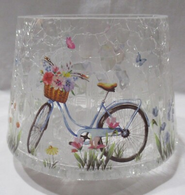 #ad Yankee Candle Jar Shade J S Crackle Glass ART IN THE PARK Bike Birdhouse Flowers $46.94