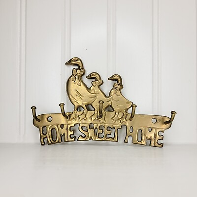 #ad #ad Vintage Brass Home Sweet Home with Three Ducks Five Hook Key Wall Rack 5.5quot; Long $12.95