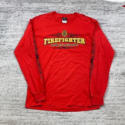 #ad #ad Harley Davidson Firefighter Shirt Medium Red Flames Bike HD USA Long Sleeve Mens $26.15