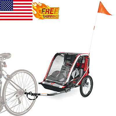 #ad Bicycle Trailer 2 Children Comfortably Fold Footguard Tubes Safety Harness Red $264.00