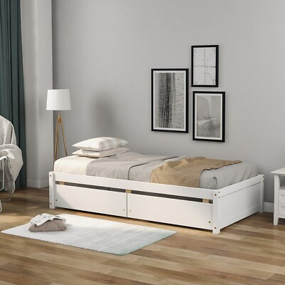 #ad Twin Size Platform Bed Frame with 2 Storage Drawers Wood Bed Frame White $215.00