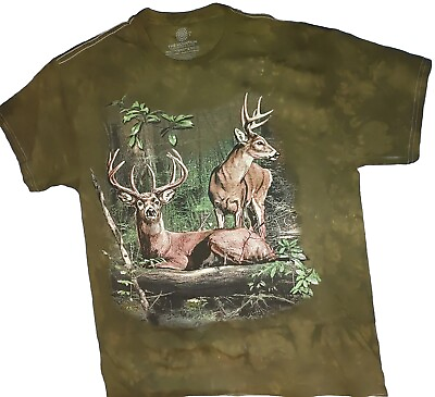 #ad Two Deer w Full Rack Antlers in the Woods Brown Tie dye The Mountain T shirt Lg $23.32