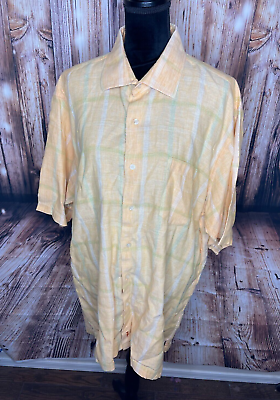 #ad Sette Ponti Light orange 100% linen short sleeve mens shirt XXL checked $24.00