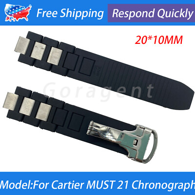 #ad Rubber Watch Band Strap 20*10mm For Cartier MUST 21 Chronoscaph Autoscaph Clasp $18.18