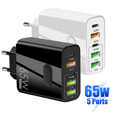 65W 5 USB Type C Fast Wall Charger PD QC 3.0 Adapter for Samsung iPhone MacBook $9.73