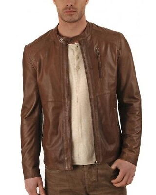 #ad Motorcycle Men Leather Genuine Lambskin Brown Bomber Leather Jacket XS 2XL FB26 $119.99