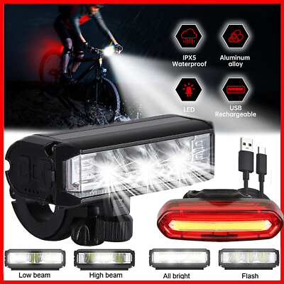 #ad USB Rechargeable LED Bicycle Headlight Bike Front Rear Light Cycling Lamp Set US $18.35