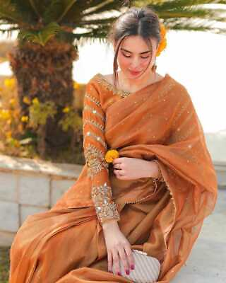 Indian Bollywood Khadi Organza saree blouse designs wedding party wear sari $36.75