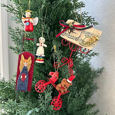 #ad #ad Vintage Christmas Tree Ornament Lot Music Teddybear Bike Wood Sled Wooden Figure $9.98