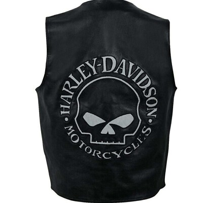 #ad Harley Men#x27;s Reflective Skull Real Leather Black Motorcycle Vest HD Biker vest AU $110.00