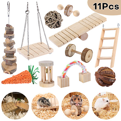 #ad 11Pcs Hamster Chew Toys Guinea Pig Rat Gerbil Chew Toys Accessories Natural Wood $17.98