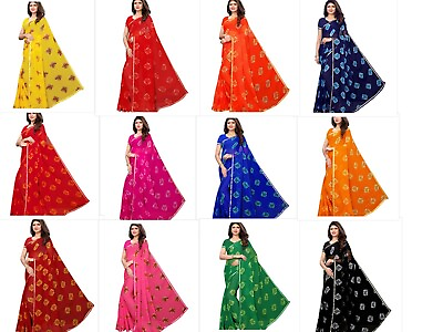 Chiffon Saree Bandhani Printed Women Wear Blouse Indian Designer Sari Ethnic $19.85