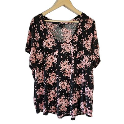 #ad TORRID Women Plus Sz Floral Casual Top 5X Black Pink Short Sleeve Jersey Knit $19.99