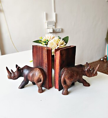 #ad 1950 Vintage Rhino Wooden Bookends Pair made in Rosewood $60.00