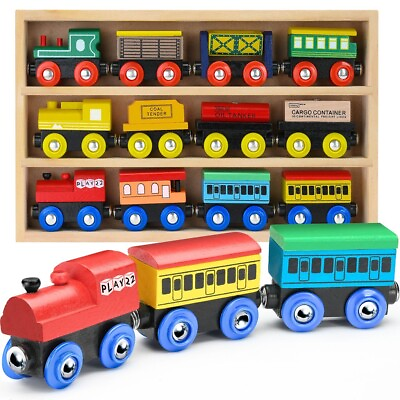 Wooden Train Set 12 Pcs Magnetic Includes 3 Engines Toy Train Sets for Kids $19.99