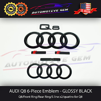 #ad AUDI Q8 Emblem GLOSSY BLACK Grille amp; Trunk Ring S Line quattro Logo Badge Kit $139.49