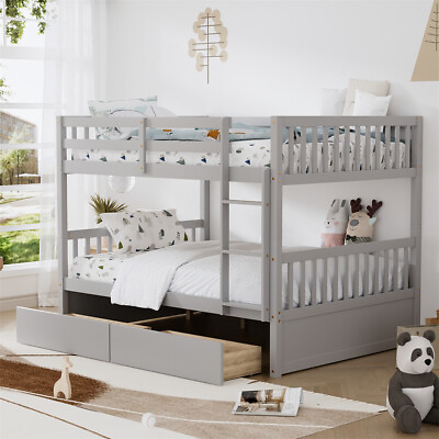 #ad Modern Wood bed Frame Full Over Full Bunk Detachable Bed Platform with 2 drawers $429.99