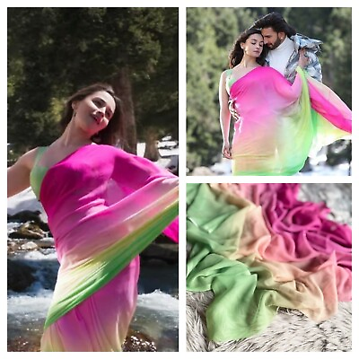 Bollywood Alia Bhatt Inspired Pink Green Ombre Shaded Georgette Printed Saree $30.35