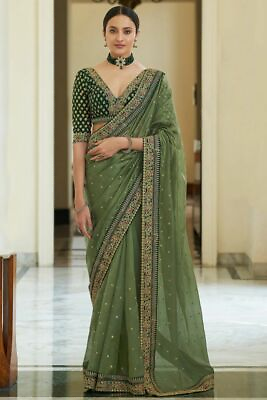 Indian Bollywood Designer Silk embroidery saree blouse wedding party wear sari $44.99