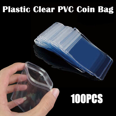 #ad 100PCS Plastic Clear PVC Coin Bag Case Wallets Storage Cover Envelopes 70x50mm $7.88
