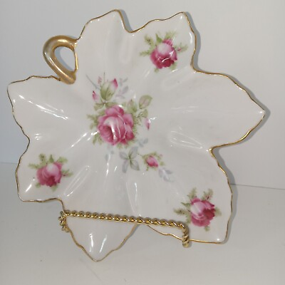 #ad #ad Vintage Handpainted Lefton China Poreclain Leaf Shaped Dish W Roses amp; Gold Trim $15.88