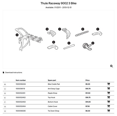 #ad THULE Raceway 9001 9002 2 amp; 3 Bike Rack Trunk Mount REPLACEMENT PARTS YOU CHOOSE $12.00