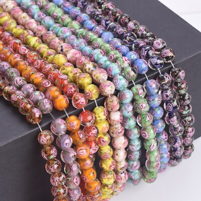 #ad 10pcs 8mm Round Handmade Flower Foil Lampwork Glass Loose Beads For DIY Jewelry $2.98