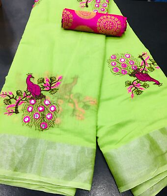 Women#x27;s Traditional Peacock Embroidery Cotton Linen Saree With Blouse Pieces $18.45
