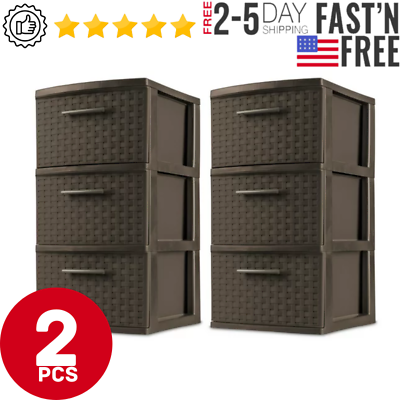 3 Drawer Weave Tower Plastic Indoor Storage Organizer Box Espresso Set of 2 $44.24