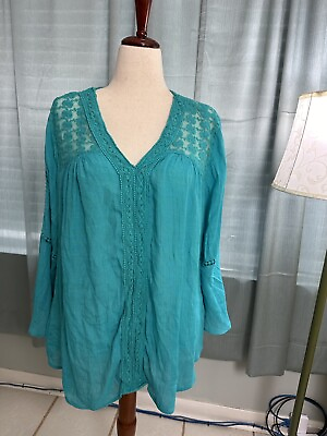 #ad #ad Women’s 2X Teal Green Blue Short With Bell Sleeves Lacey Shoulders Beach Cruise $12.00