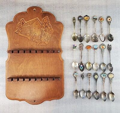 #ad Vintage Wood Souvenir Spoon Wall Rack W 18 Silver Nickle Silverplate Spoons USA $39.99
