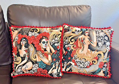 #ad Sugar Skull Girls Tattoo Throw Pillows 14x14 Black Red Trim Day of the Dead Rose $20.77