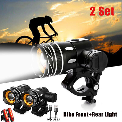 #ad 2Set LED USB Mountain Bike Lights Bicycle Torch FrontRear Lamp Kit Rechargeable $18.99