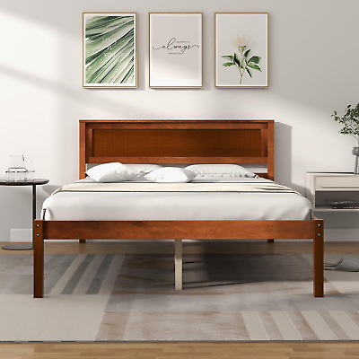 #ad Wood Full Platform Bed with Headboard Mid Century Solid Wood Bed Frame with Woo $224.99