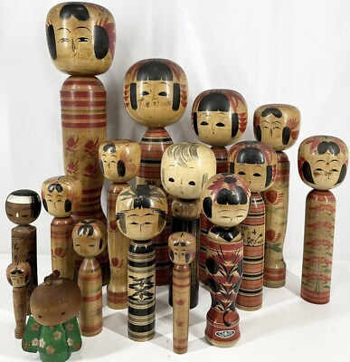 #ad vintage japanese wooden 16 Kokeshi dolls 16 Lot $200.00