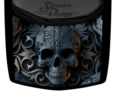 #ad Engraved 3D Floral Skull Car Truck Vinyl Decal Hood Wrap Graphic Blue Tint Black $104.05
