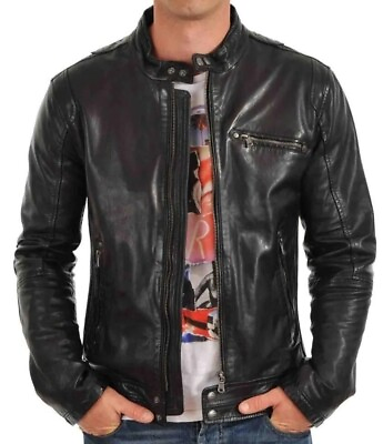 #ad #ad Cool Men#x27;s Genuine 100% Lambskin Leather Jacket Biker Motorcycle Slim Fit $130.00