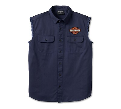 #ad Harley Davidson Men#x27;s Bar amp; Shield Blowout Cutoff Button Shirt Blue 96654 23V $44.95