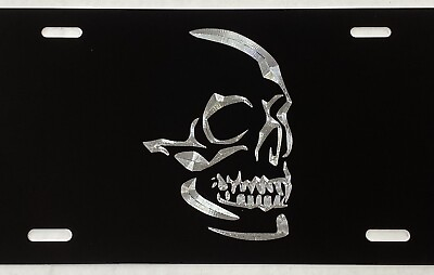 #ad Real Engraved Aluminum Skull Car Tag Diamond Etched Black Metal License Plate $21.79