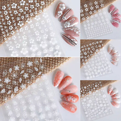 DIY 3D Nail Art Stickers White Flowers Self adhesive Decals Manicure Decoration $1.85
