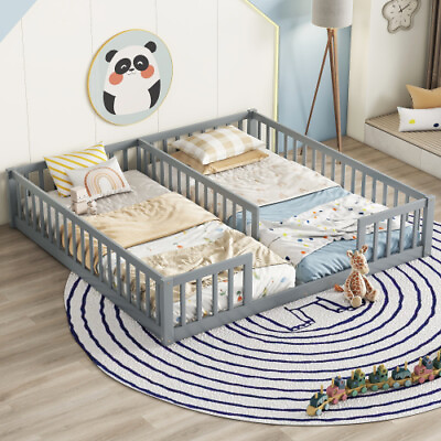 #ad Double Floor Bed Twin Size Platform Bed with Fence Railings Kids Wood Bed Frames $259.99