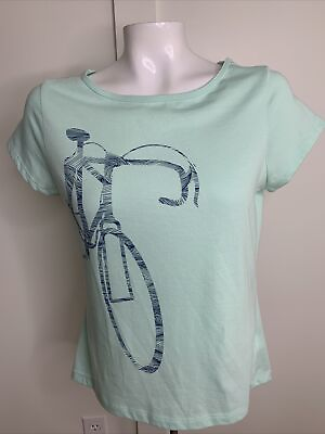 #ad M By Novara Womens Sz M Green Short Sleeve Top BIKE Print Polyester Blend Pocket $8.50