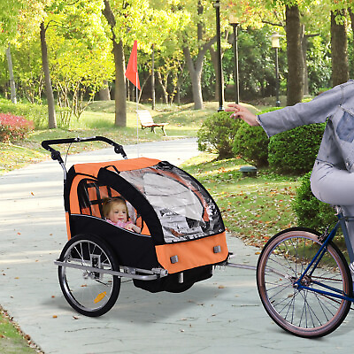 #ad 2 Seat Kid Bicycle Trailer Jogger with Windows and Canopy Coupler Attachment $175.99