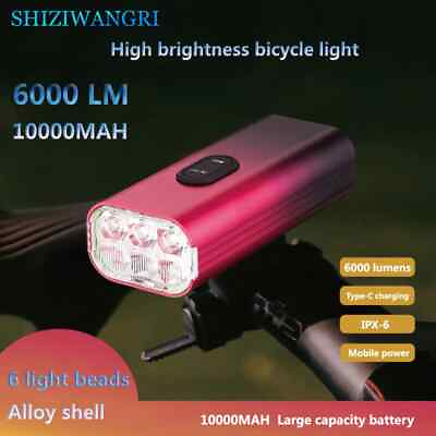#ad 10000mAh Bike Headlight Front 6000LM Flashlight Bicycle Light Rechargeable $51.04