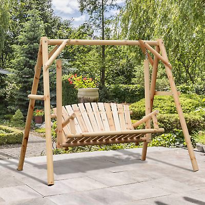 Outdoor Solid Wood Loveseat Swing 2 Person Rustic Natural Log Freestanding Seat $324.98