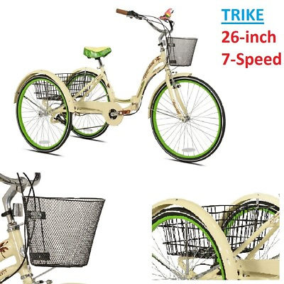Comfort Tricycle 26 Inch Wheels with 7 Speed Front amp;Rear Baskets Comfort Saddle $399.88